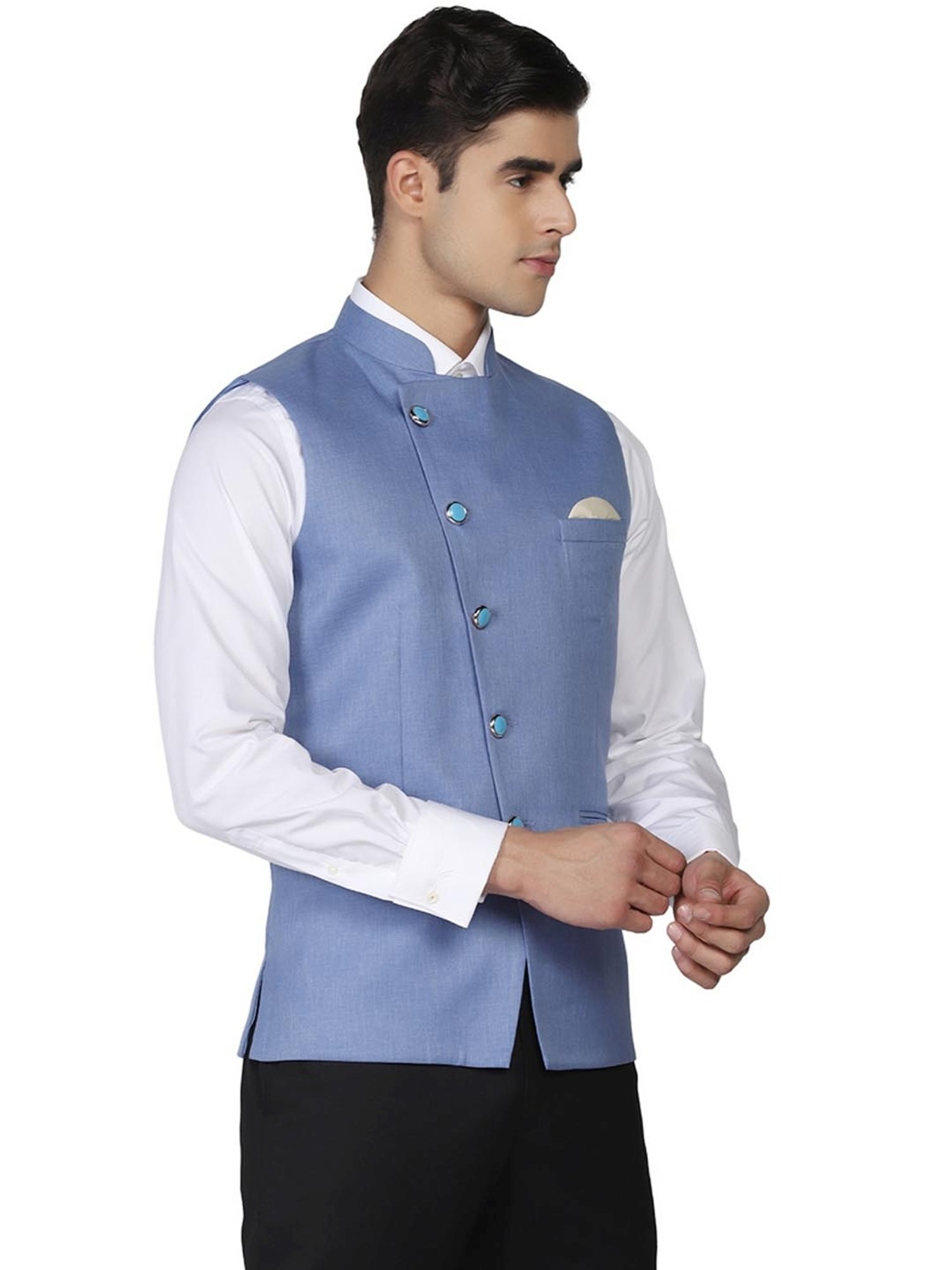 TAHVO Blue Satin Slim Fit Nehru Jacket