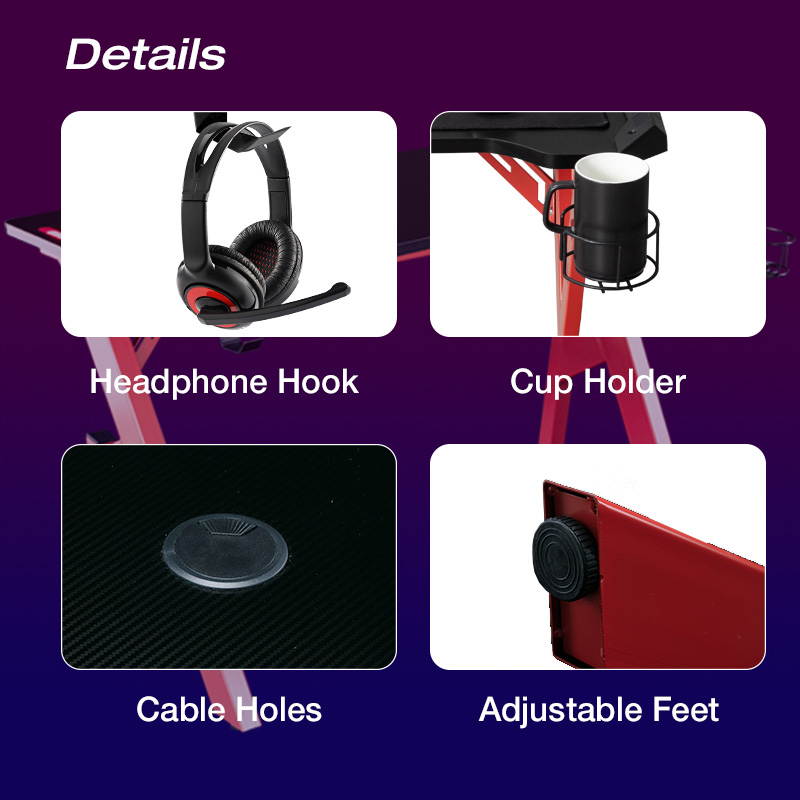 Goaic 47 Inch Gaming Desk with LED Lights Gaming Table Ergonomic PC Computer Desk , Professional Gamer Desk with Large Carbon Fiber Surface, Home Office Game Table with Cup Holder & Headphone Hook