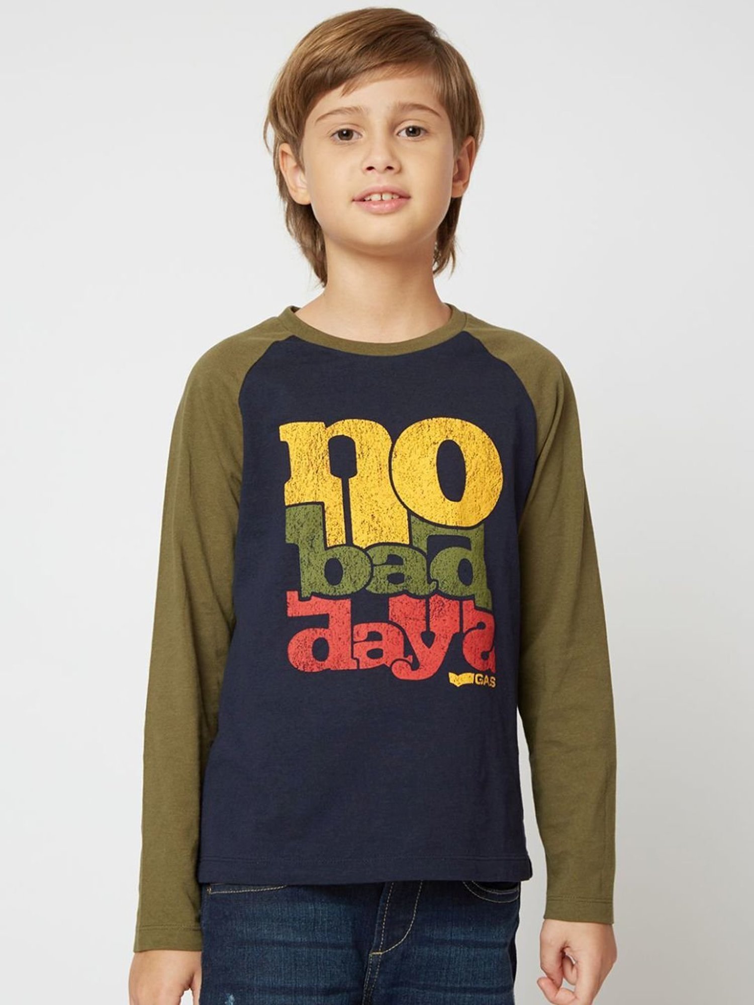 GAS Kids Navy & Olive Green Cotton Printed Full Sleeves T-Shirt
