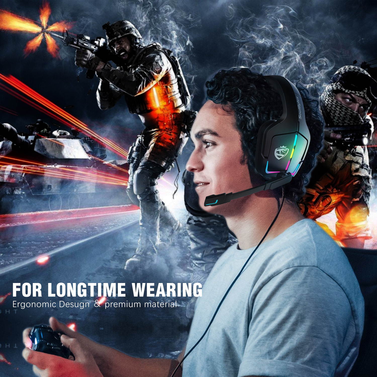 CORN soulbytes S12 Top Quality 50mm Drivers Wired Gaming Headphones, LED Light & Noise-canceling MIC, Breathable earmuffs, In-line Control
