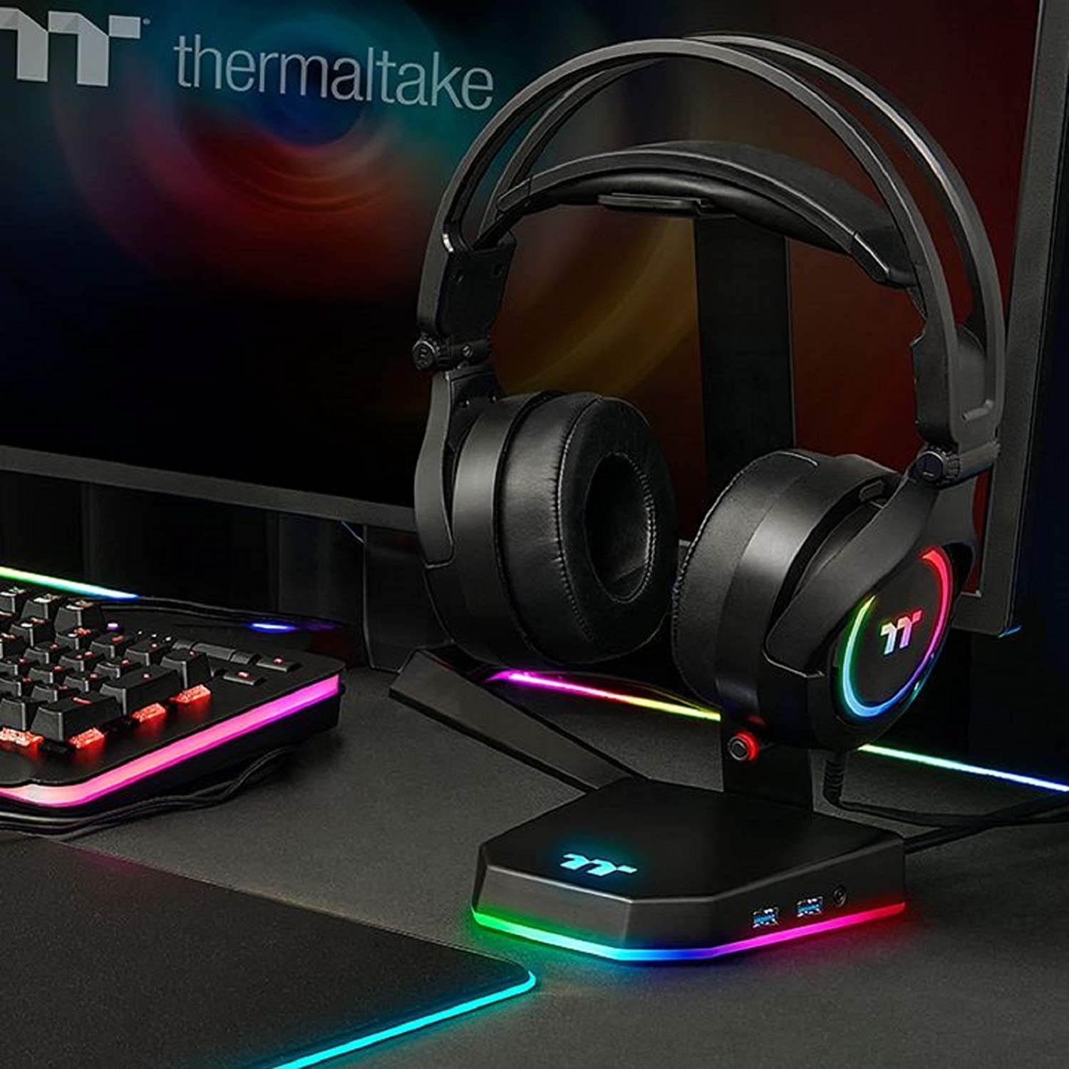 Thermaltake Tt E1 RGB Gaming Headset Stand with a 2-port USB 3.0 hub and 3.5mm 4-pole audio port,  Aluminum construction,8 stunning lighting effects,Black(GEA-TTP-THSBLK-06)