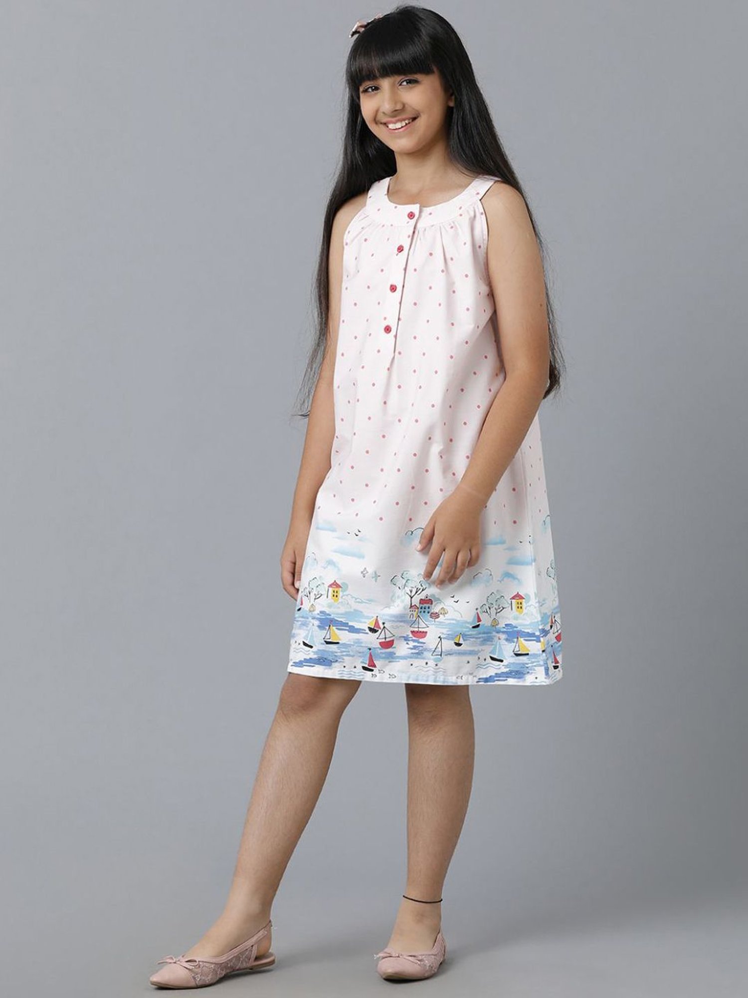 Under Fourteen Only Kids White & Blue Cotton Printed Dress