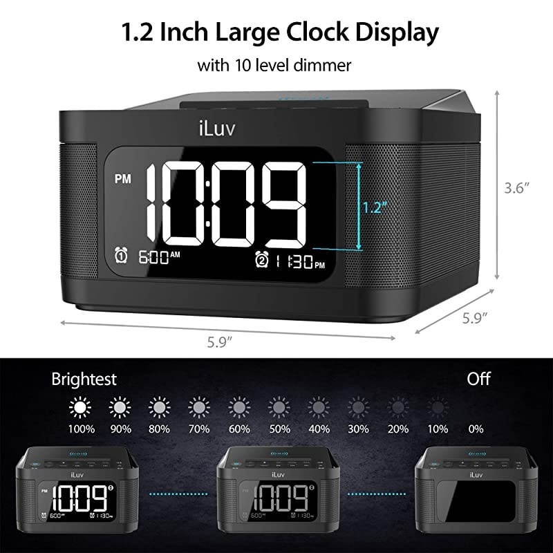 Time Shaker 6Q Wow QiCertified Fast 7510W Wireless Charging Alarm Clock with Vibration Shaker Dual Alarm Bluetooth Speakers FM Radio Sleep Timer 10Level Dimmer USB Charging Port