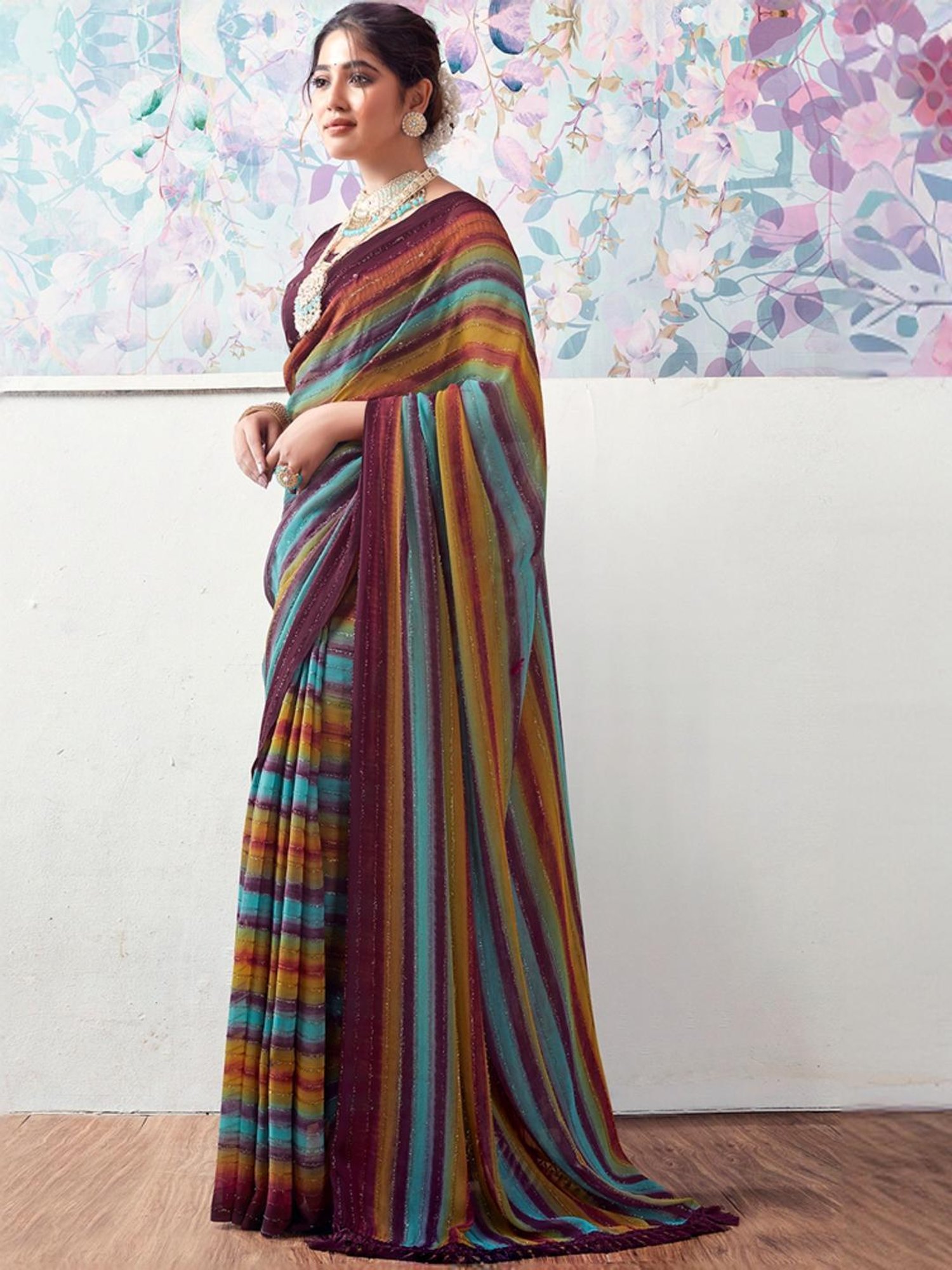 Satrani Brown & Blue Striped Saree With Unstitched Blouse