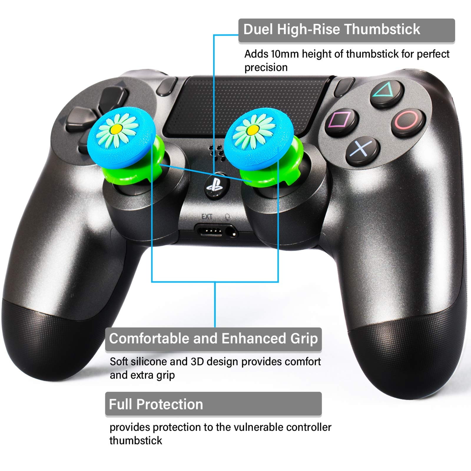 FPS Thumbstick Extender & 3D Texture Rubber Silicone Grip Cover 2 Sets for PS5 Dualsenese & PS4 Controller(Daisy Blue)