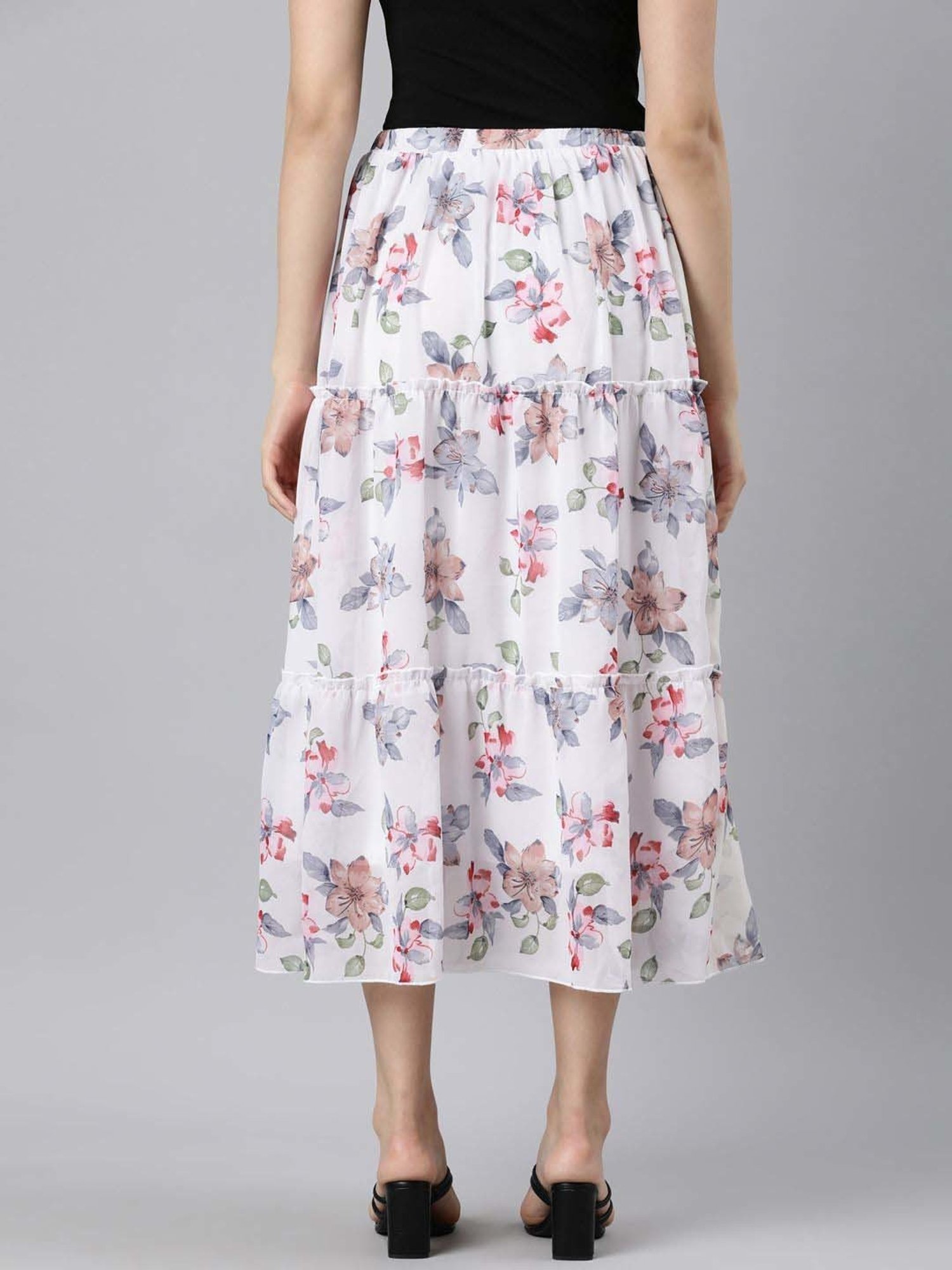 TWIN BIRDS White Floral Print A-Line Skirt