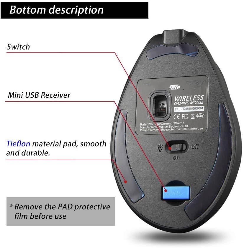 Attoe Vertical Mouse Wireless, Right Handed 2.4GHz Wireless Ergonomic Rechargeable Vertical Mouse with 3 Adjustable DPI 1000/1600/2400, 6 Buttons,Compatible with PC, Desktop,Mac