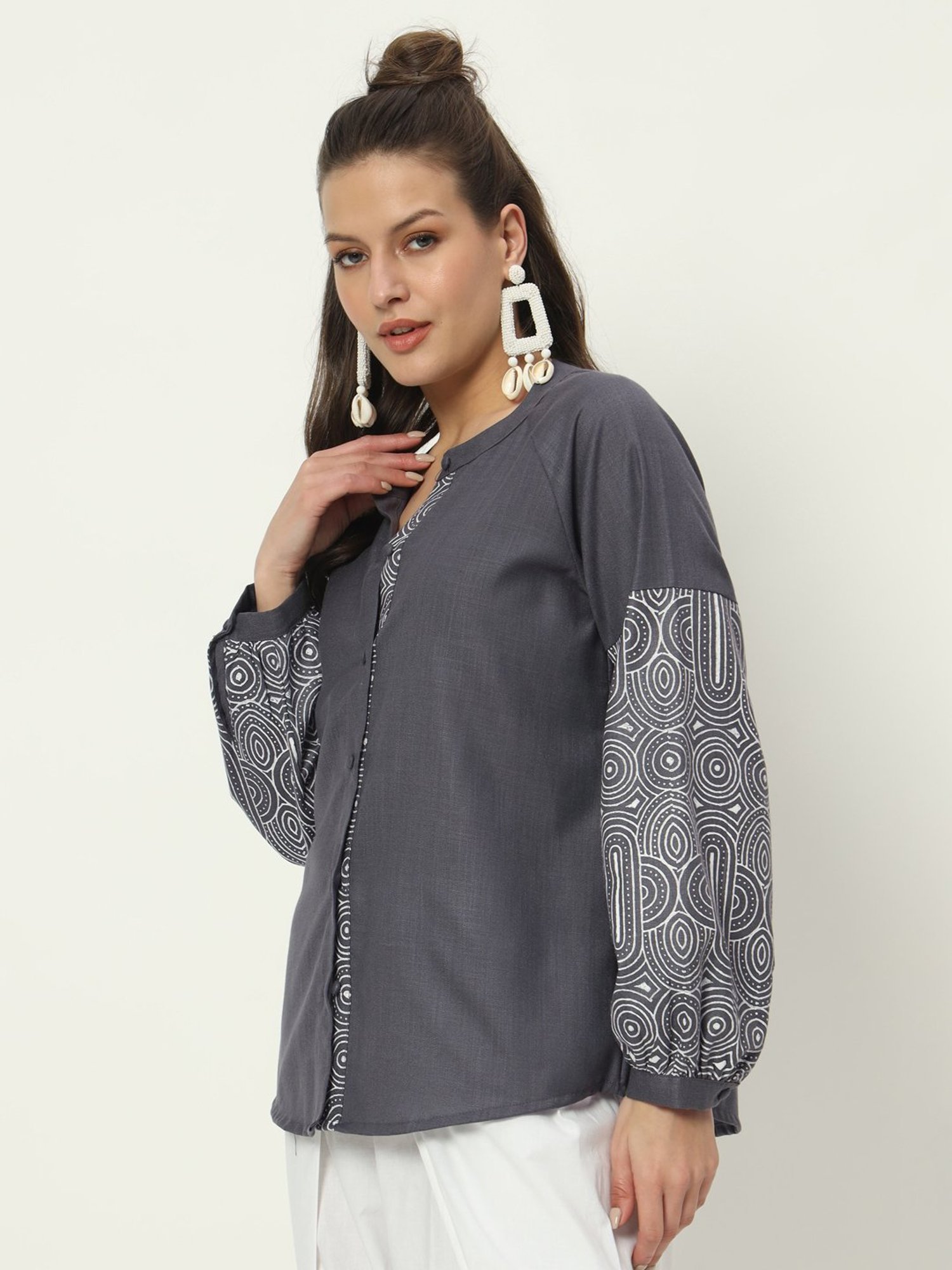 9rasa Grey Cotton Printed Shirt