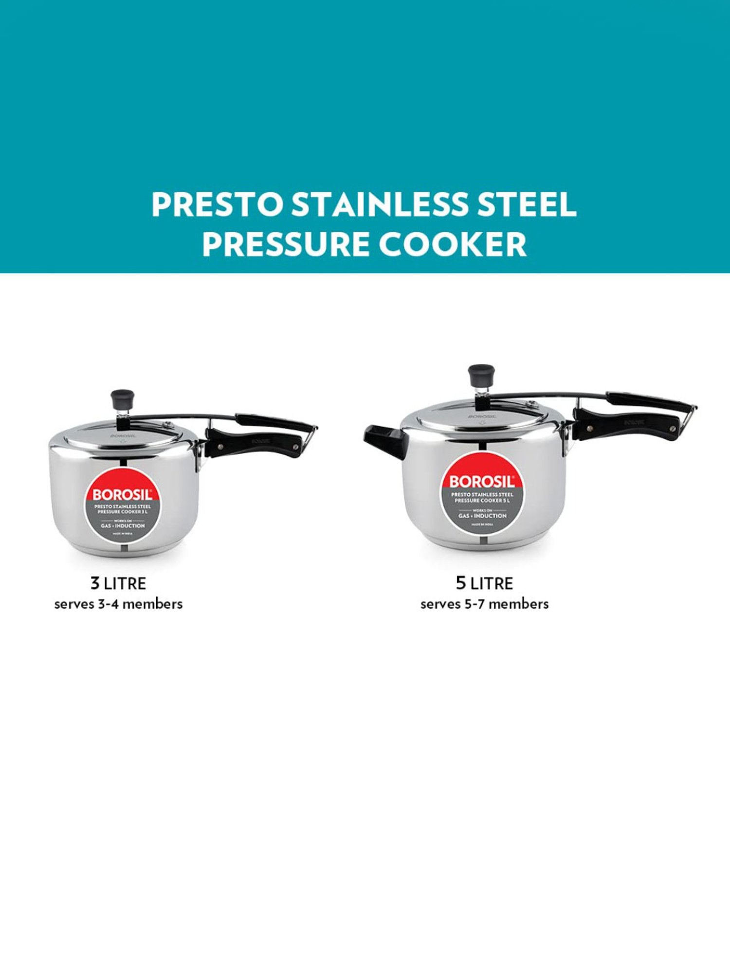 Borosil Presto Pressure Cooker with Induction Base Stainless Steel Inner Lid (Silver,5L)