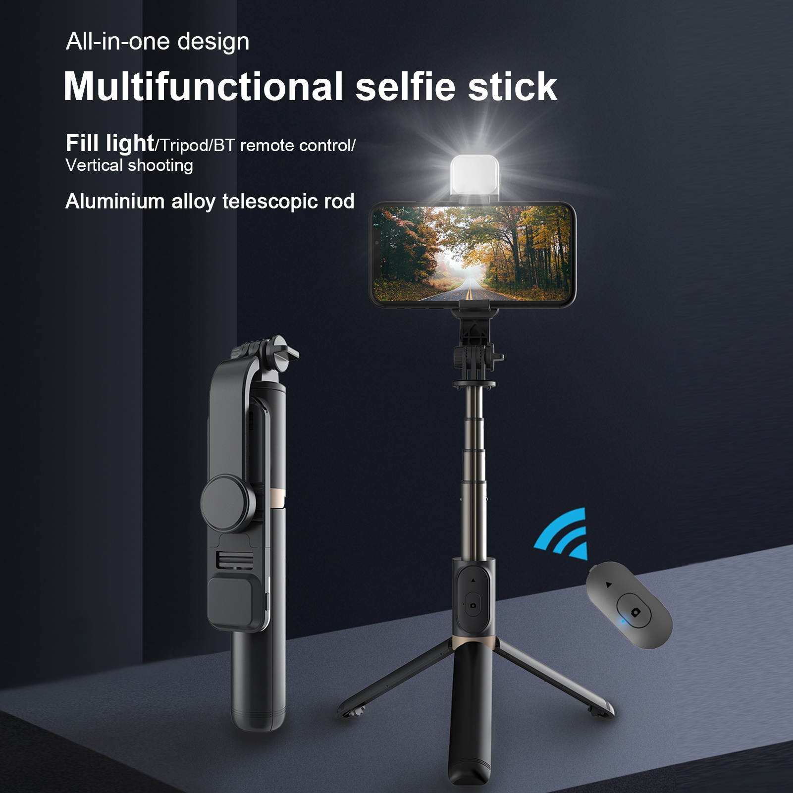 Aluminum Alloy Wireless BT Remote Control Selfie Stick Multifunctional Portable Tripod Stand with Fill Light for Selfie Group Photo Live Stream Video Taking