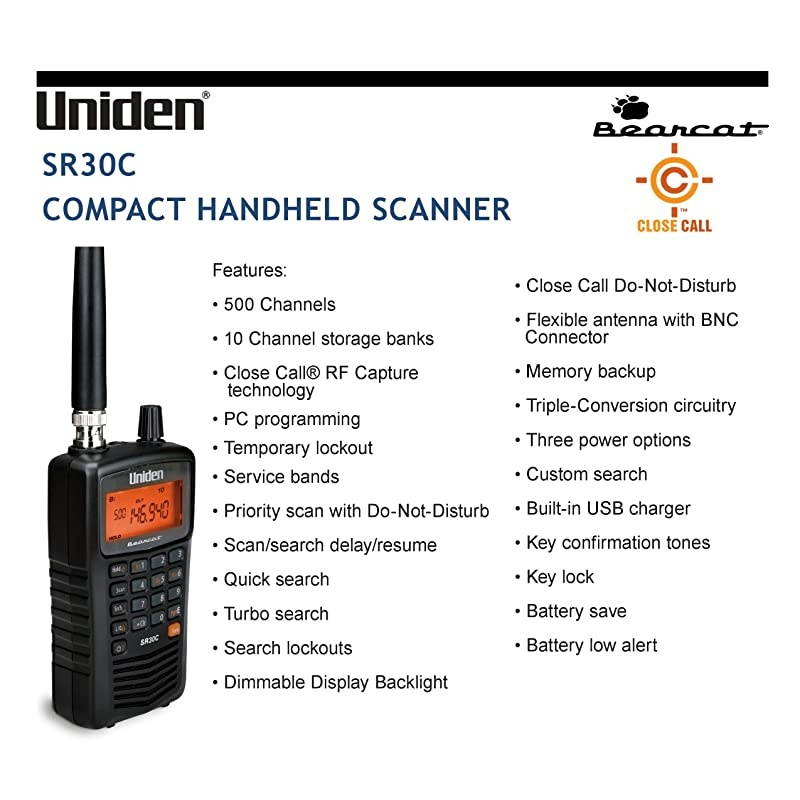 Bearcat SR30C 500Channel Compact Handheld Scanner Close Call RF Capture Turbo Search PC programable NASCAR Racing Aviation Marine Railroad and NonDigital Police Fire Public Safety