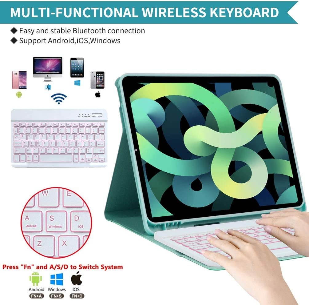 iPad Air 4th Generation Keyboard Case New iPad Air 10.9 2020 Case with Keyboard 7-Color Backlit- Detachable Bluetooth Keyboard Pencil Holder iPad Keyboard Case for 2018 iPad Pro 11 (Lake Blue)