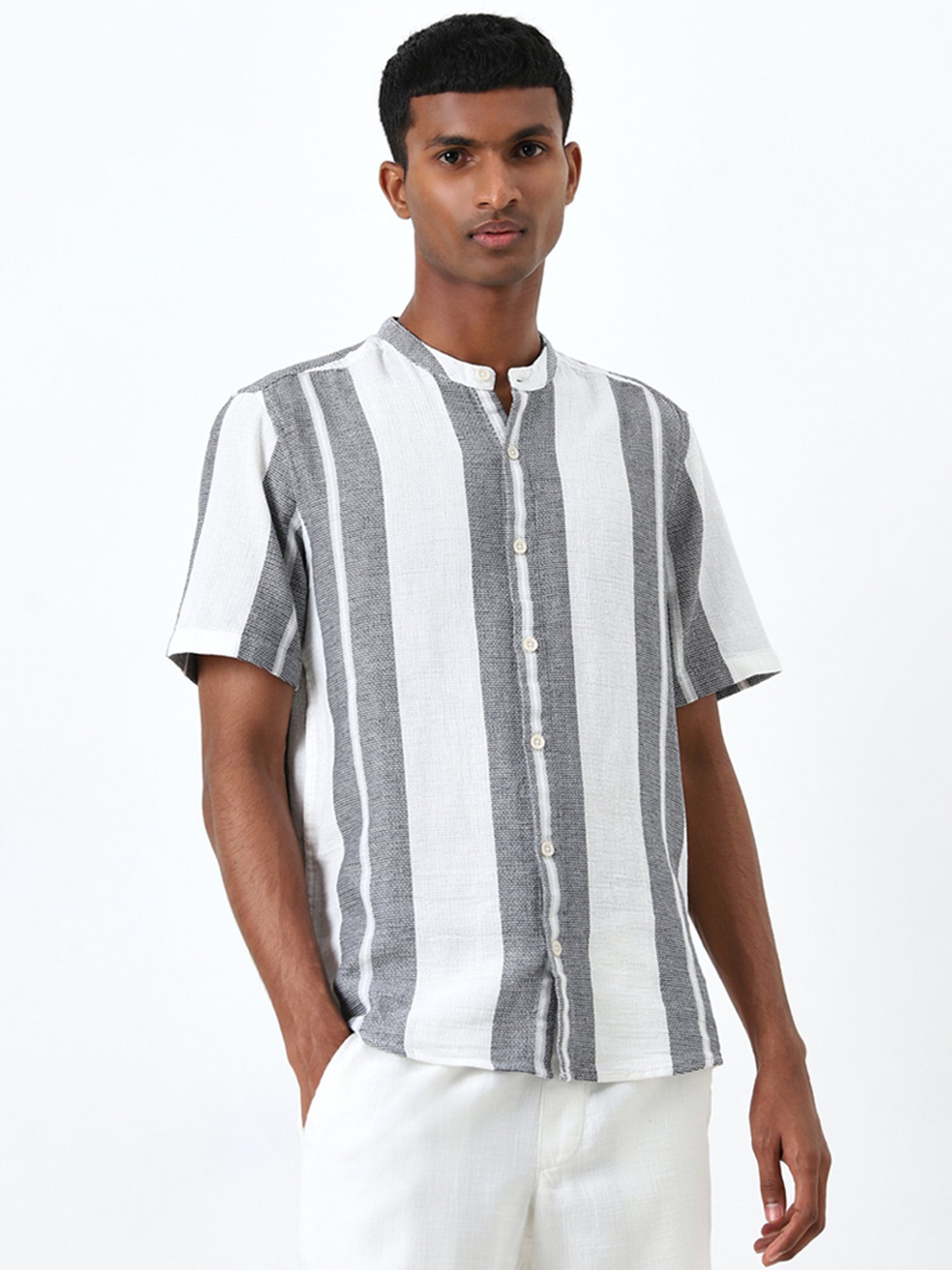 ETA by Westside Grey Stripe Printed Resort-Fit Cotton Shirt