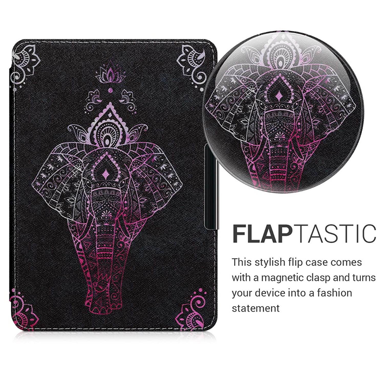 kwmobile Case Compatible with Amazon Kindle Paperwhite (10. Gen - 2018) - Book Style PU Leather e-Reader Cover - Elephant Sketch Dark Pink/Anthracite