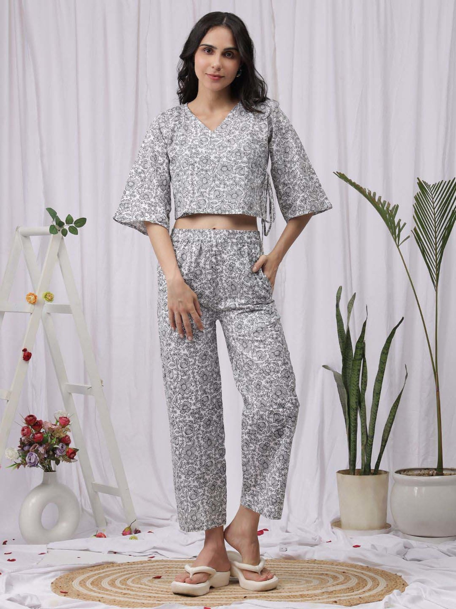 NEUDIS Black & White Cotton Printed Crop Top and Pant Set