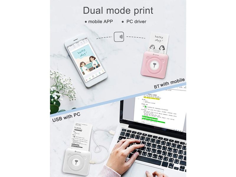 Makesure PeriPage Bluetooth Portable Label Printer Mini Pocket Wireless BT Thermal Printer Picture Photo Label Memo Receipt Paper Printer for Android iOS with 6 Rolls Free Sticker Paper(White)