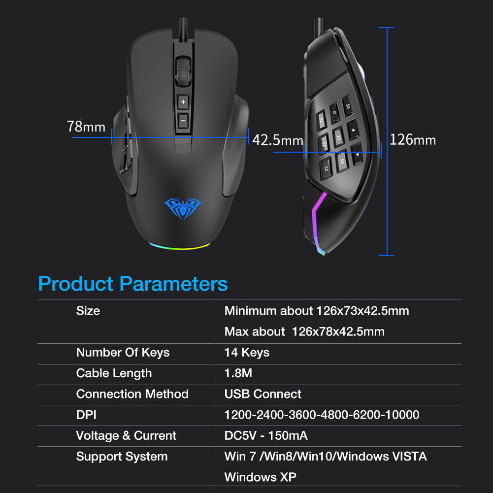 AULA H510 RGB Wired Gaming Mouse 10000 DPI Side Buttons Macro Programmable Ergonomic 14 Keys Backlit Gamer Mice For Laptop Desktop PC