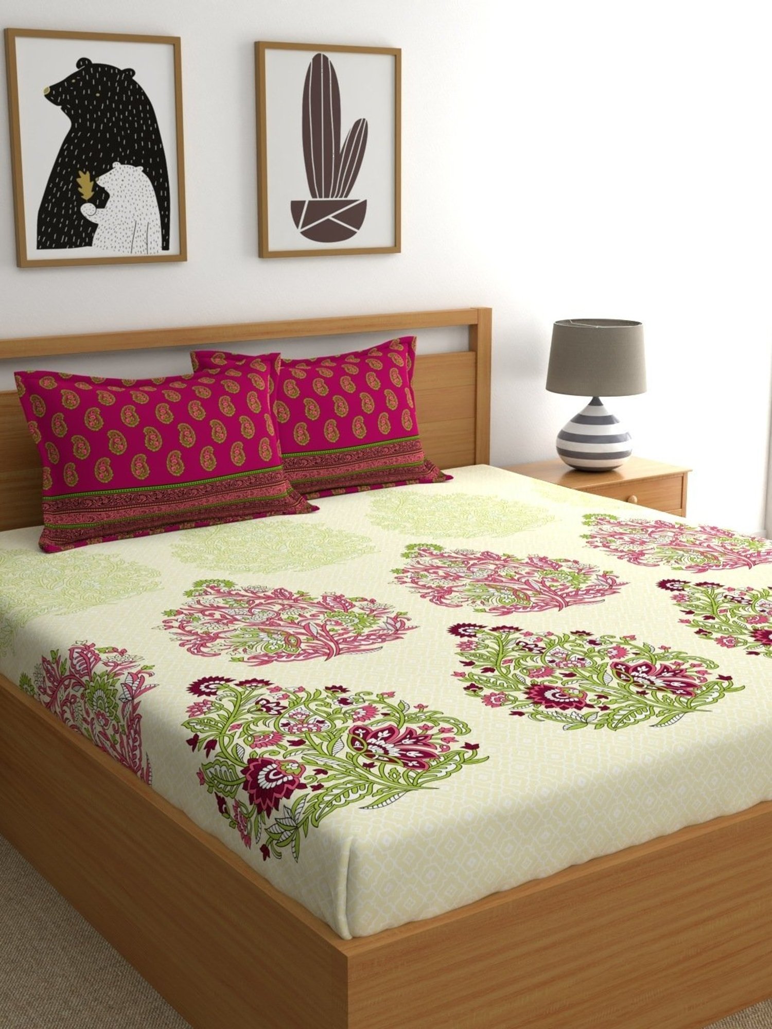 My Room Floral Dark Pink & Biege 140 TC Cotton Fitted King Bed Sheet with 2 Pillow Covers