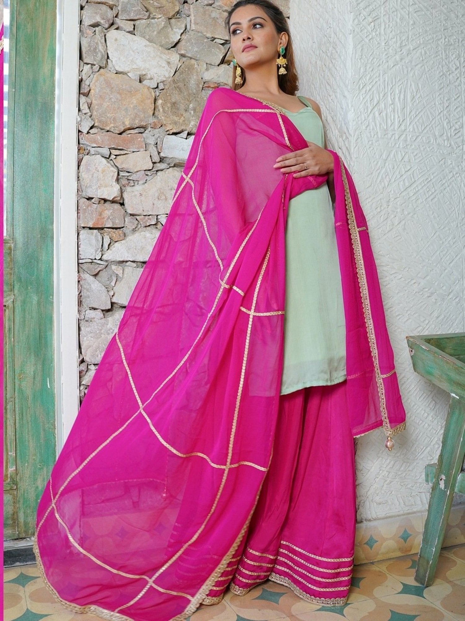 HOUSE OF JAMOTI Green & Pink Kurti Sharara Set With Dupatta