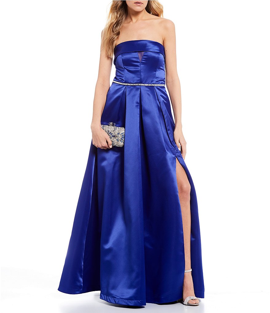 Teeze Me Strapless Cuff-Neck Side Slit Beaded Waist Satin Ball Gown