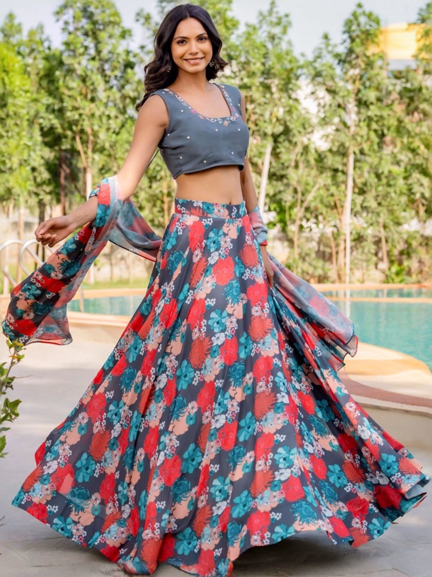 HOUSE OF JAMOTI Grey Printed Lehenga Choli Set With Dupatta