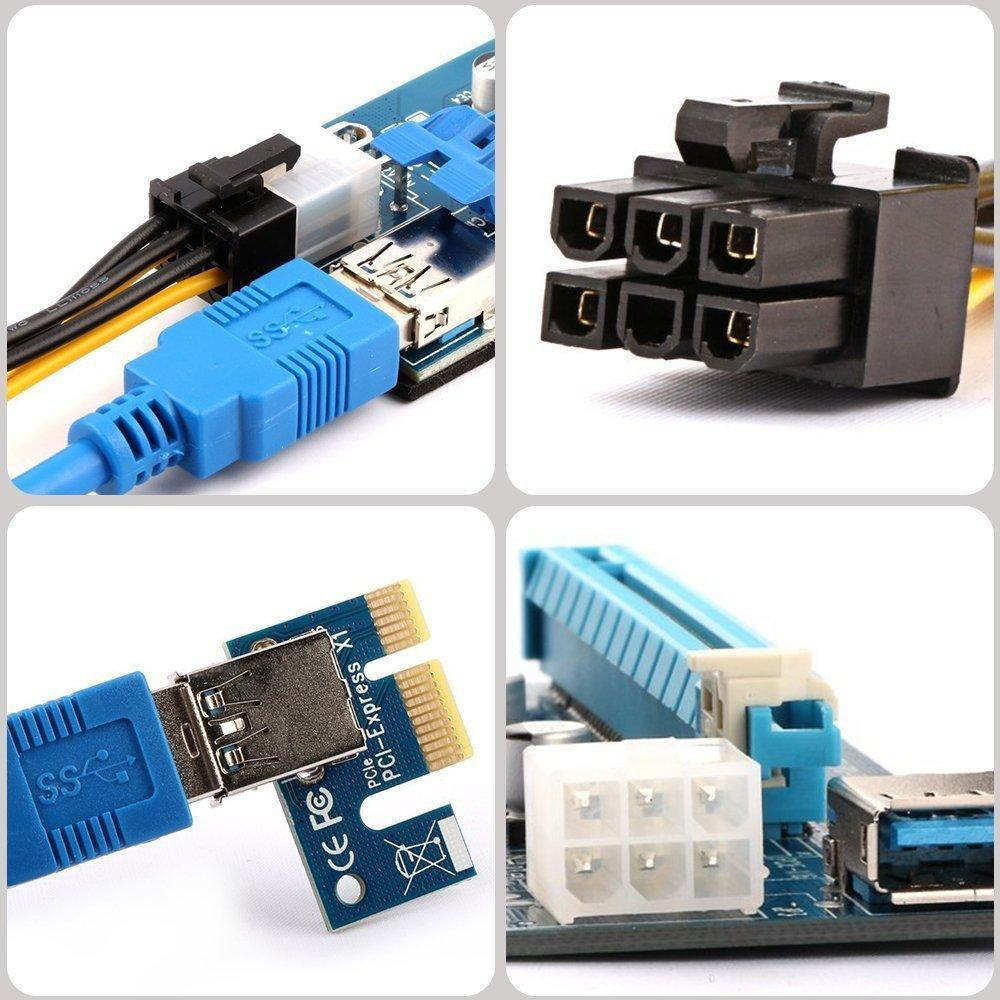 CORN Mining Riser Card PCIE Mining Rig USB 3.0 GPU Riser Adapter Monero ETH BTC Miner with USB 3.0 Data Cable 60CM 15Pin SATA to 6Pin Power Cable Adhesive Pad VER006C Riser Cables 6 Pack