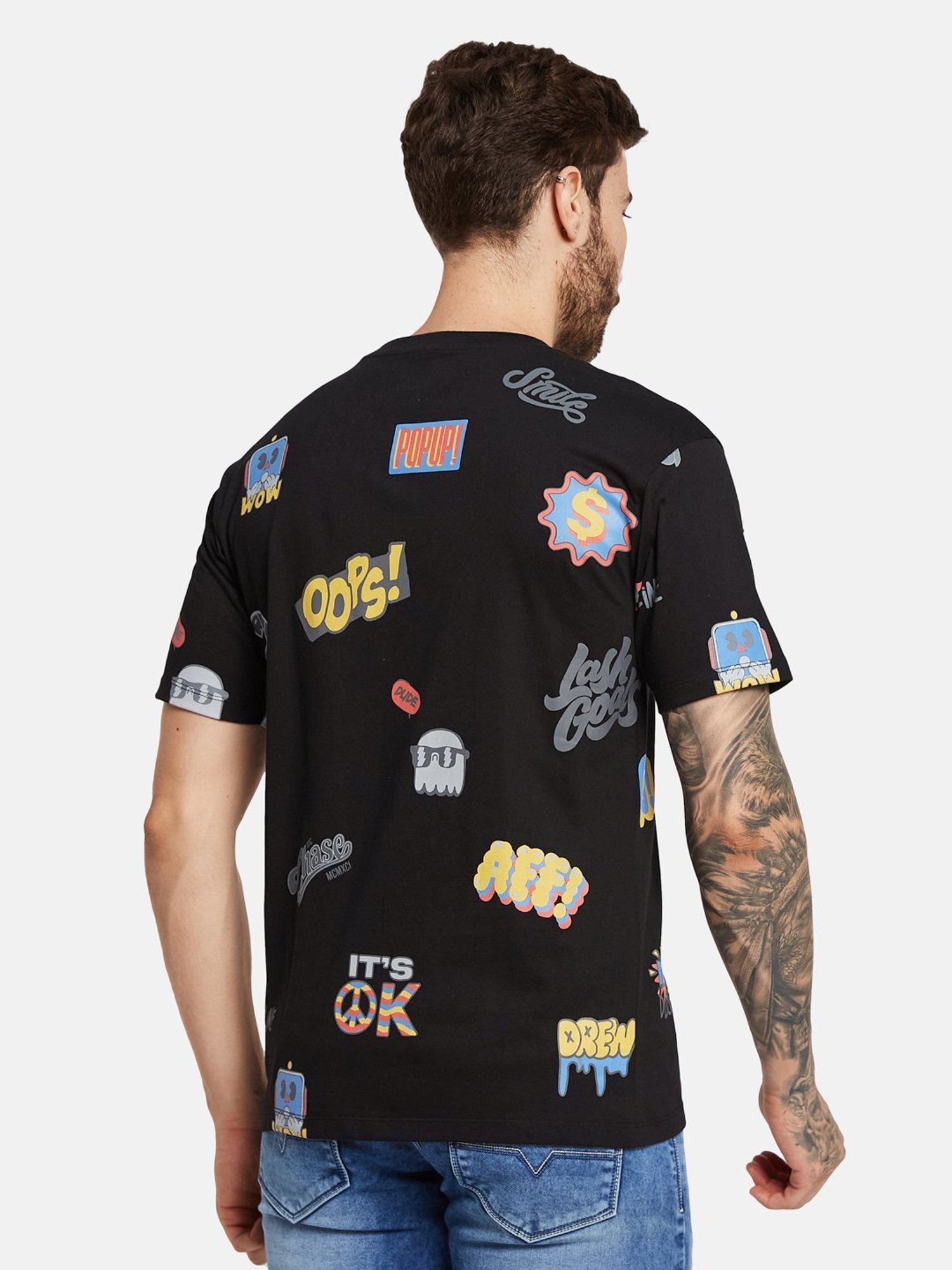 Octave Black Cotton Regular Fit Printed T-Shirt