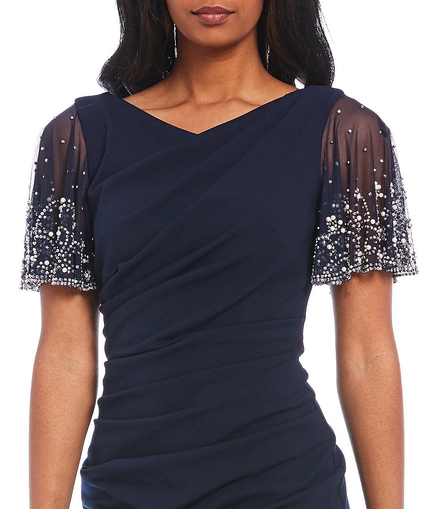 Betsy & Adam Beaded Flutter Short Sleeve V-Neck Scuba Crepe Sheath Dress