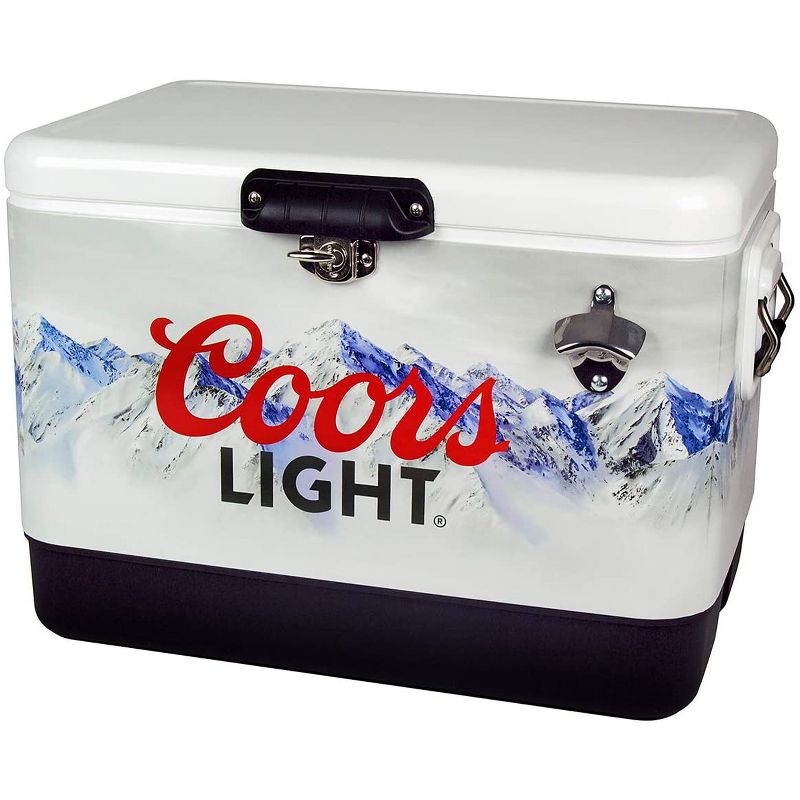 Koolatron Large 54 Quart 85 Can Capacity Portable Retro Coors Light Ice Chest Stainless Steel Hard Cooler with Built In Bottle Opener, White