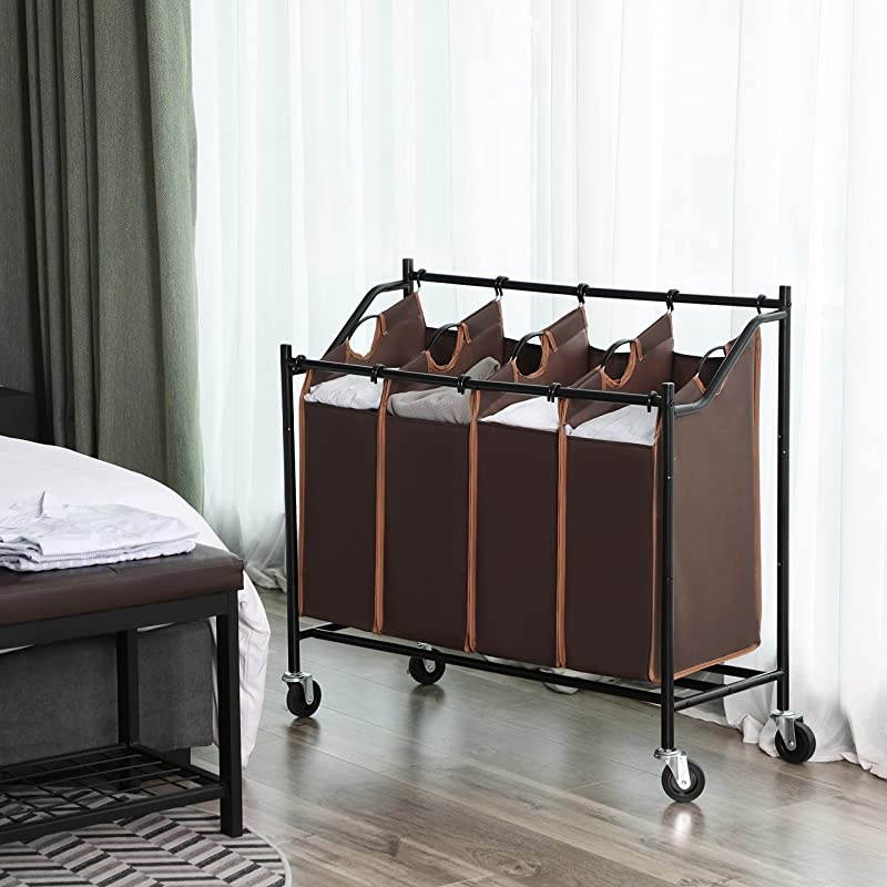Rolling Laundry Cart Sorter Basket Hamper, with 4 Removable Bags, Casters and Brakes, Brown