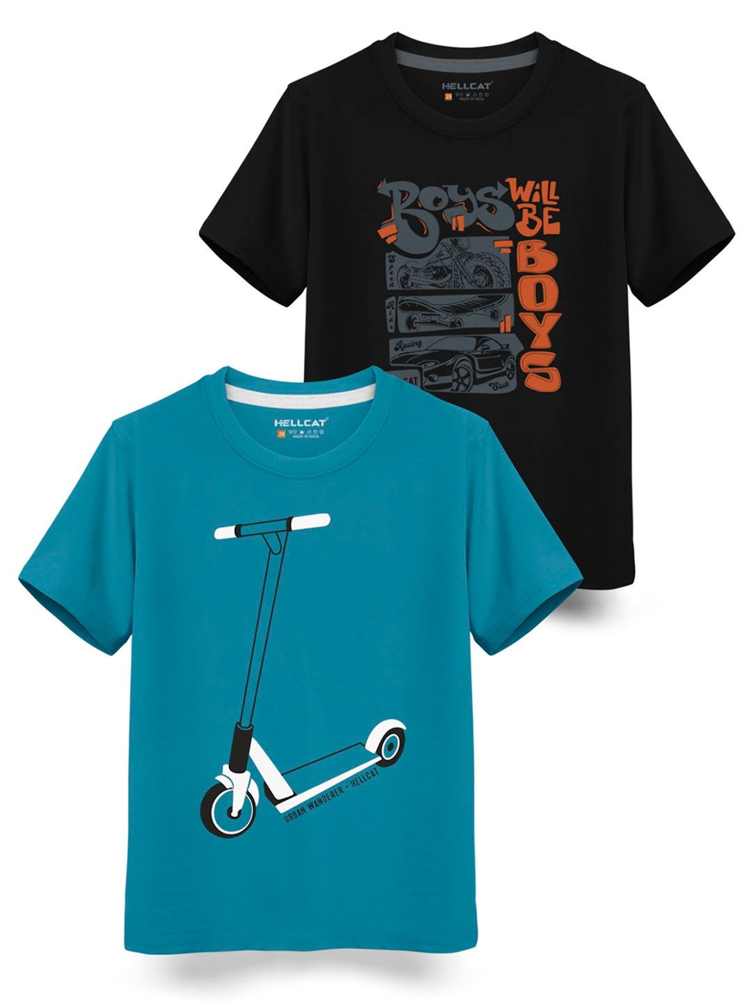 HELLCAT Kids Black & Blue Printed T-Shirt (Pack Of 2)