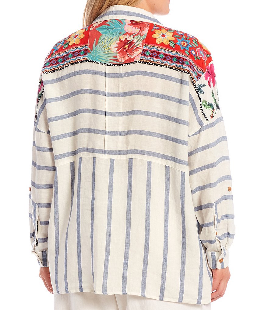 John Mark Plus Size Point Collar Neck Stripe Print Floral Contrast Back Yoke Roll-Tab Long Sleeve Button Down Hi-Low Top