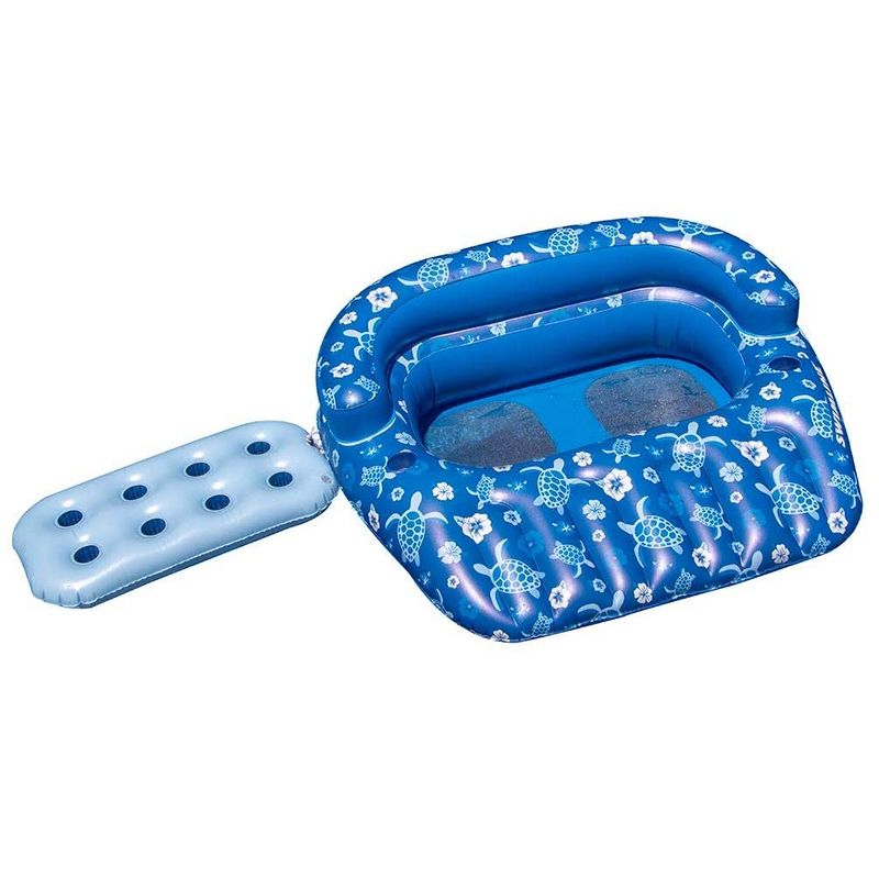 Swimline 90482 2 Person Tropical Print Inflatable Float with Removable Center Seat/Drink Caddy, 2 Cup Holders, and Armrest, Blue