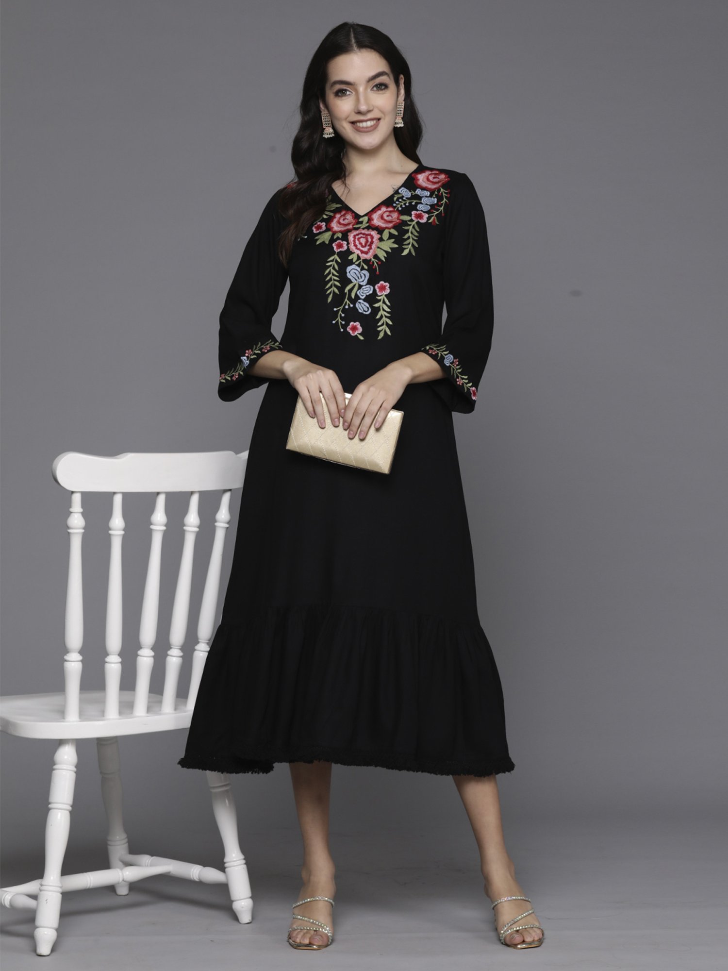 Indo Era Black Embroidered A-Line Dress