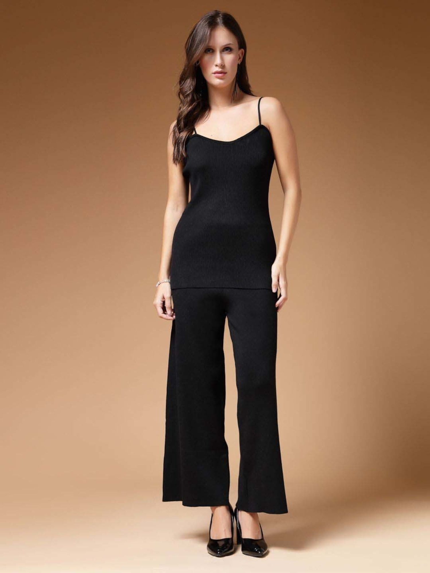 Mafadeny Black Plain Top Pants Set With Shrug
