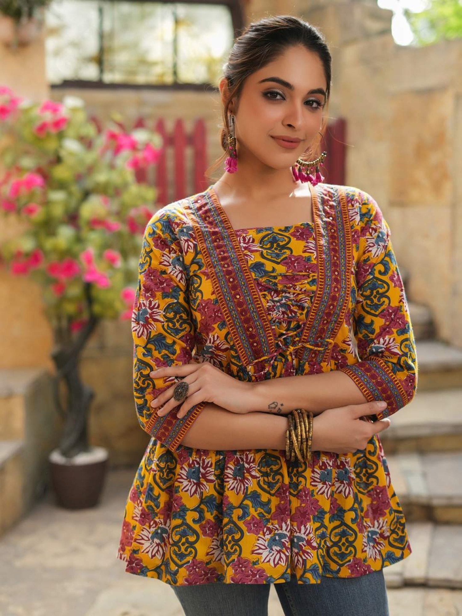 Rain and Rainbow Mustard Cotton Floral Print Top