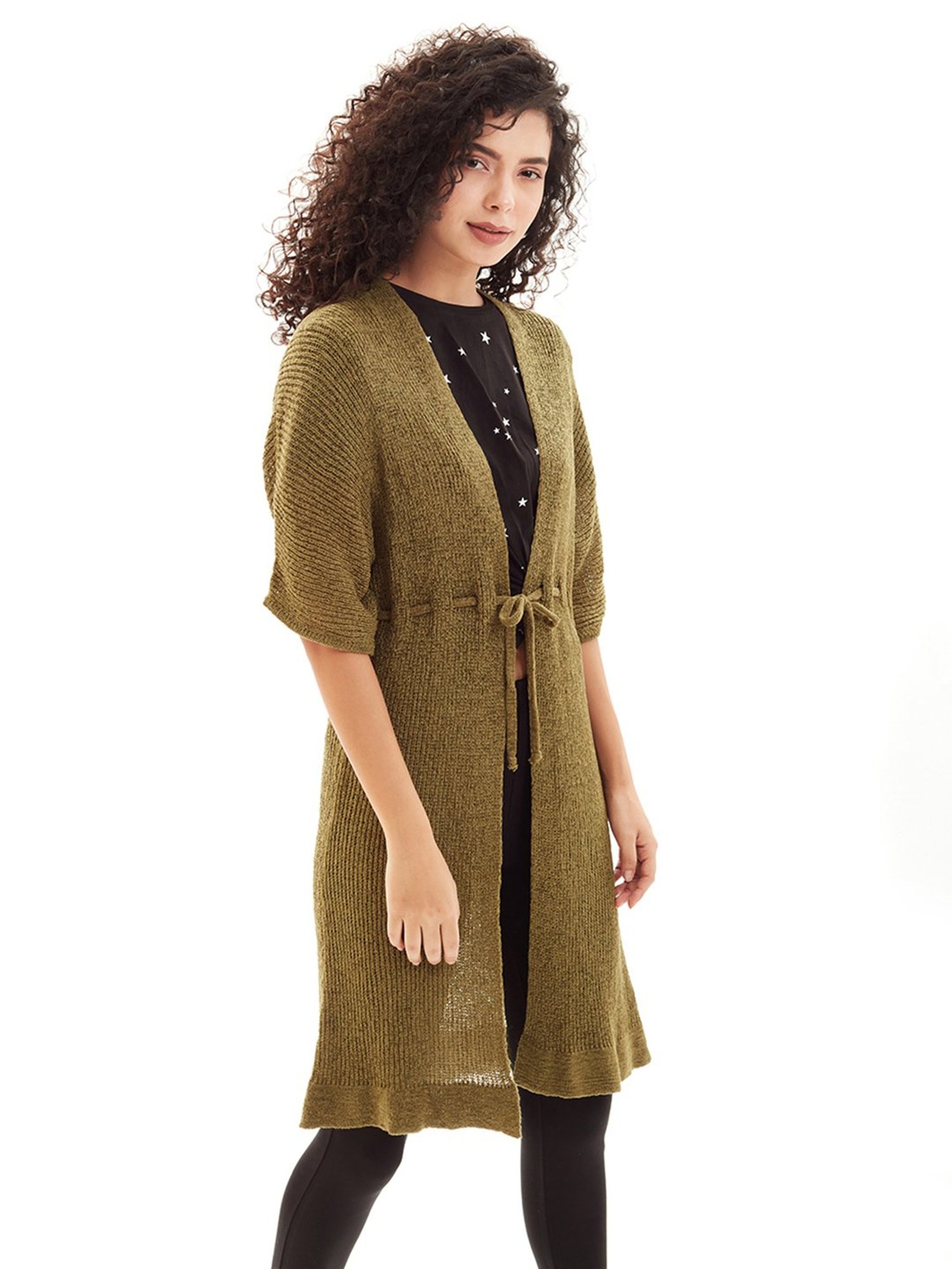 Cover Story Olive Self Design Long Shrug