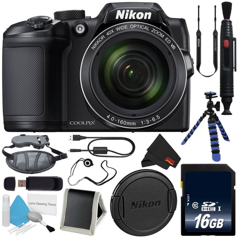 Nikon COOLPIX B500 Intl Model (Black) 26506 + 16GB SDHC Class 10 Memory Card + Memory Card Wallet + MicroFiber Cloth + Flexible Tripod with Gripping Rubber Legs + Lens Pen Cleaner Bundle