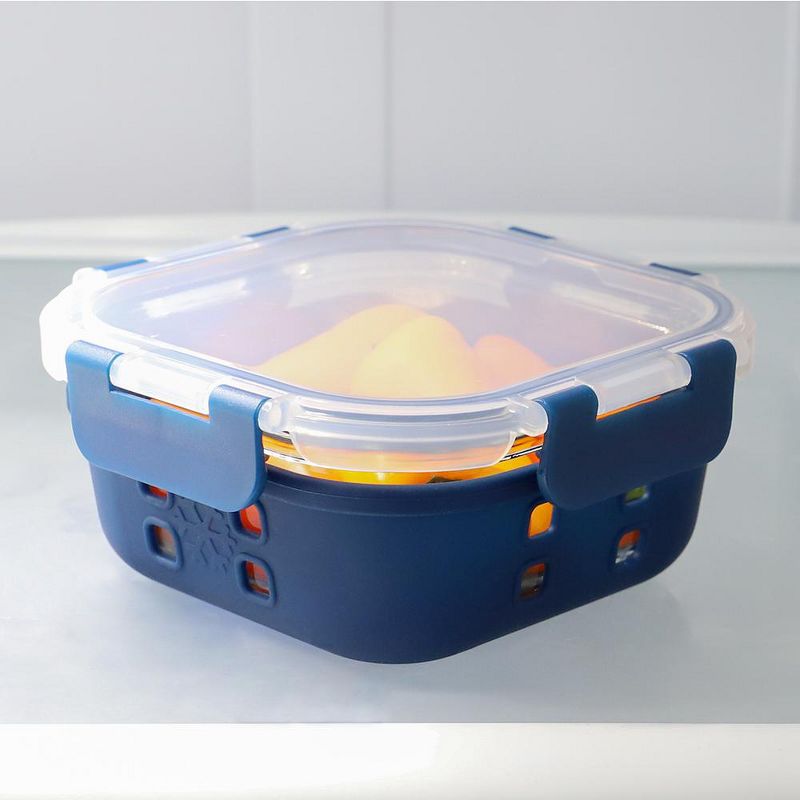 Michael Graves Design Square 17 Ounce High Borosilicate Glass Food Storage Container with Plastic Lid, Indigo