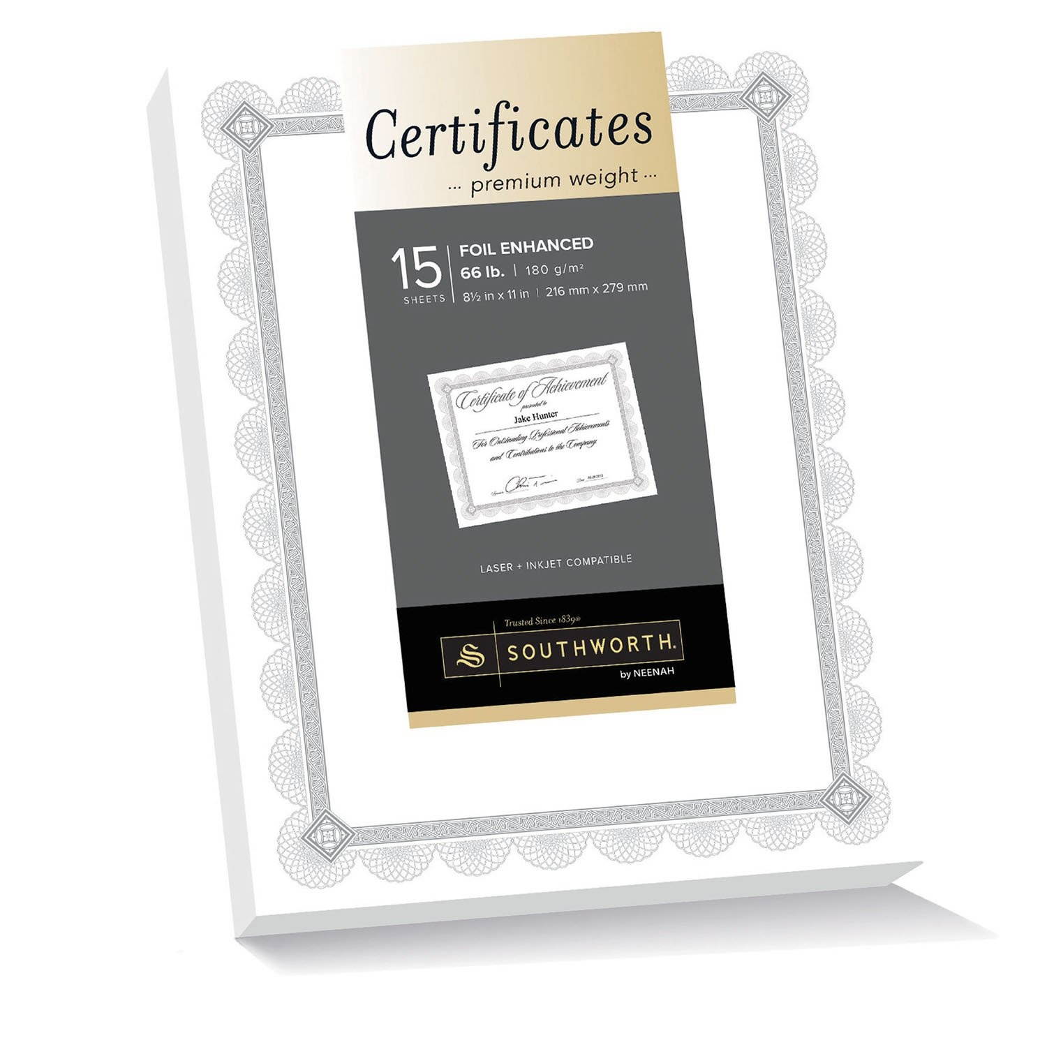 Southworth Foil Enhanced Premium Certificate, 8.5&rdquo; x 11&rdquo;, 66 lb/ 180 GSM, White, Silver Spiro Design, 15 Count - Packaging May Vary (CTP2W)