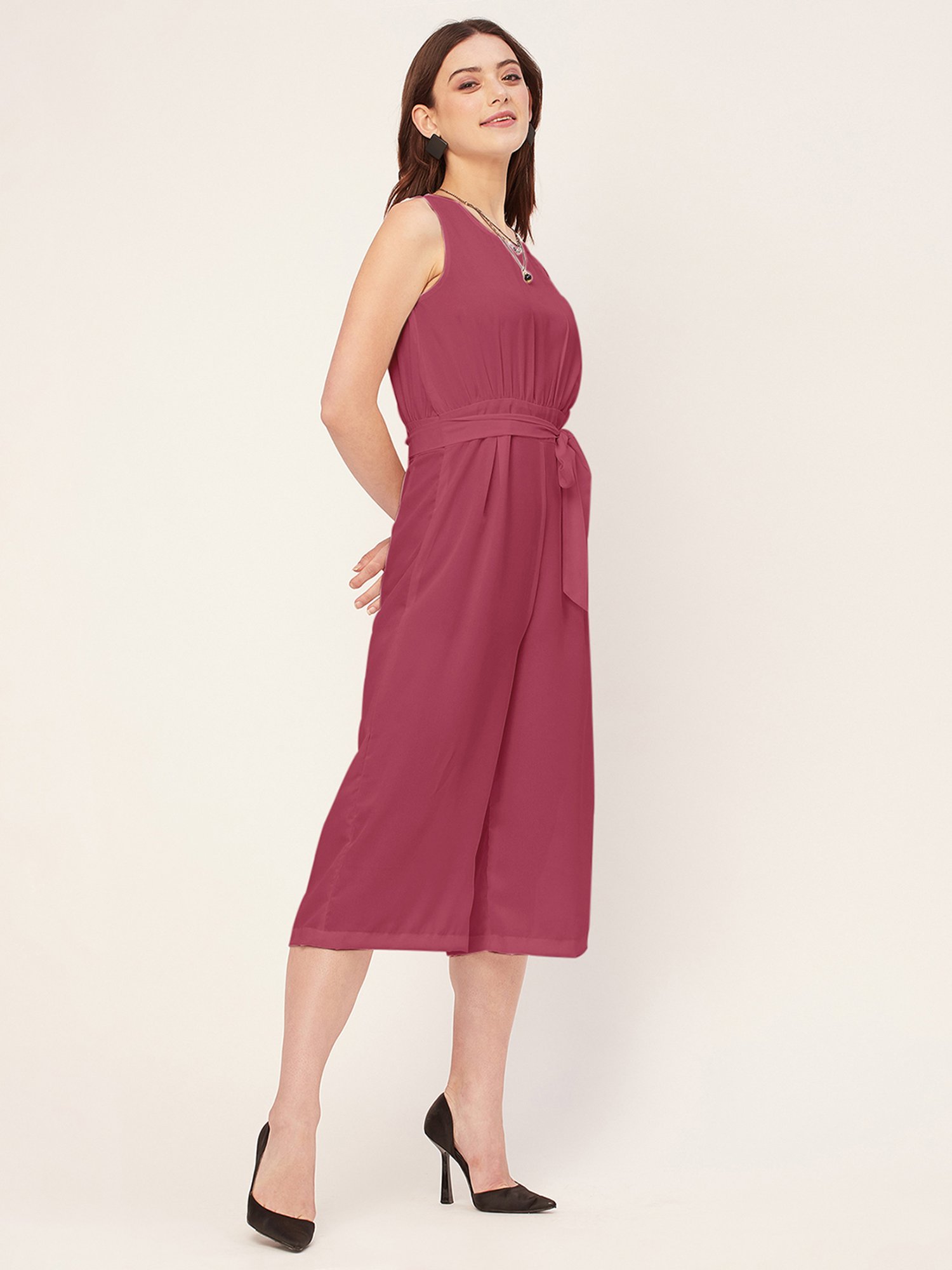 Moomaya Dark Pink Georgette Midi Jumpsuit