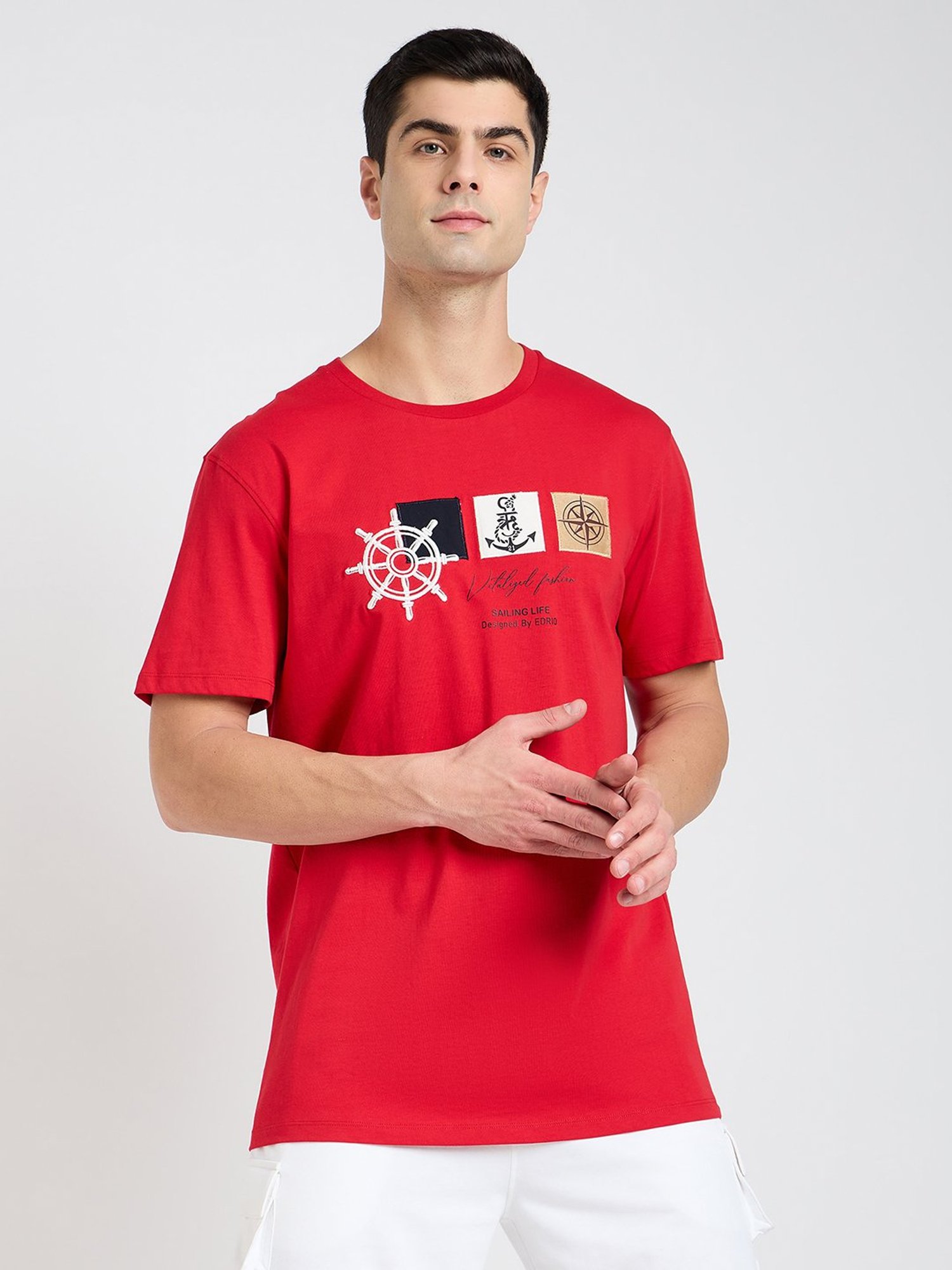 EDRIO Red Regular Fit Printed Crew T-Shirt