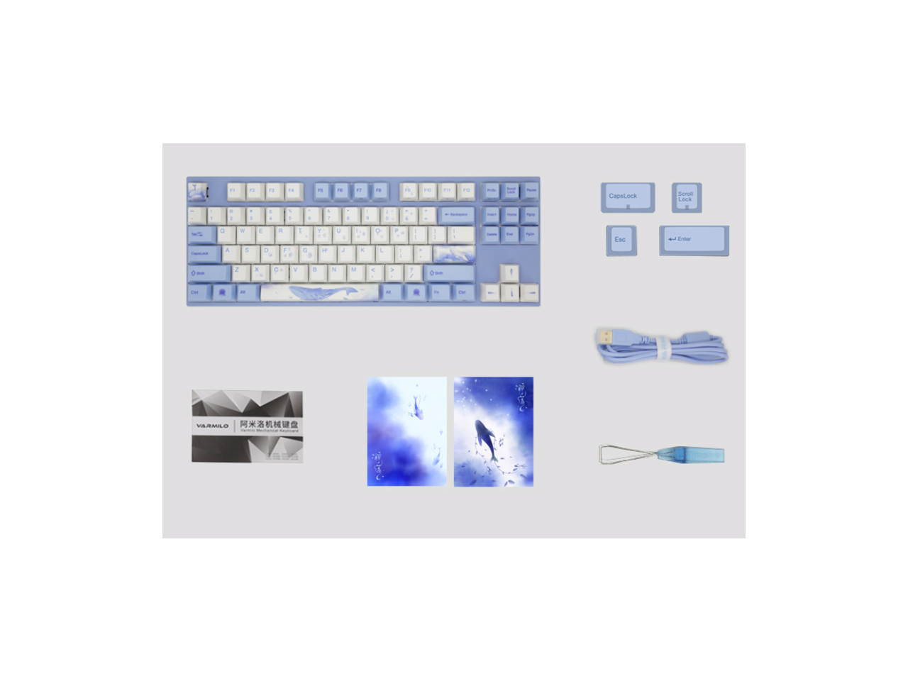 Varmilo Gaming 87 Key Cherry Red Mx Switches Blue Whale Theme White Keycaps and Blue Keycaps Dye Sublimation Printing Mechanical Gaming Keyboard MA87, PBT Keycaps