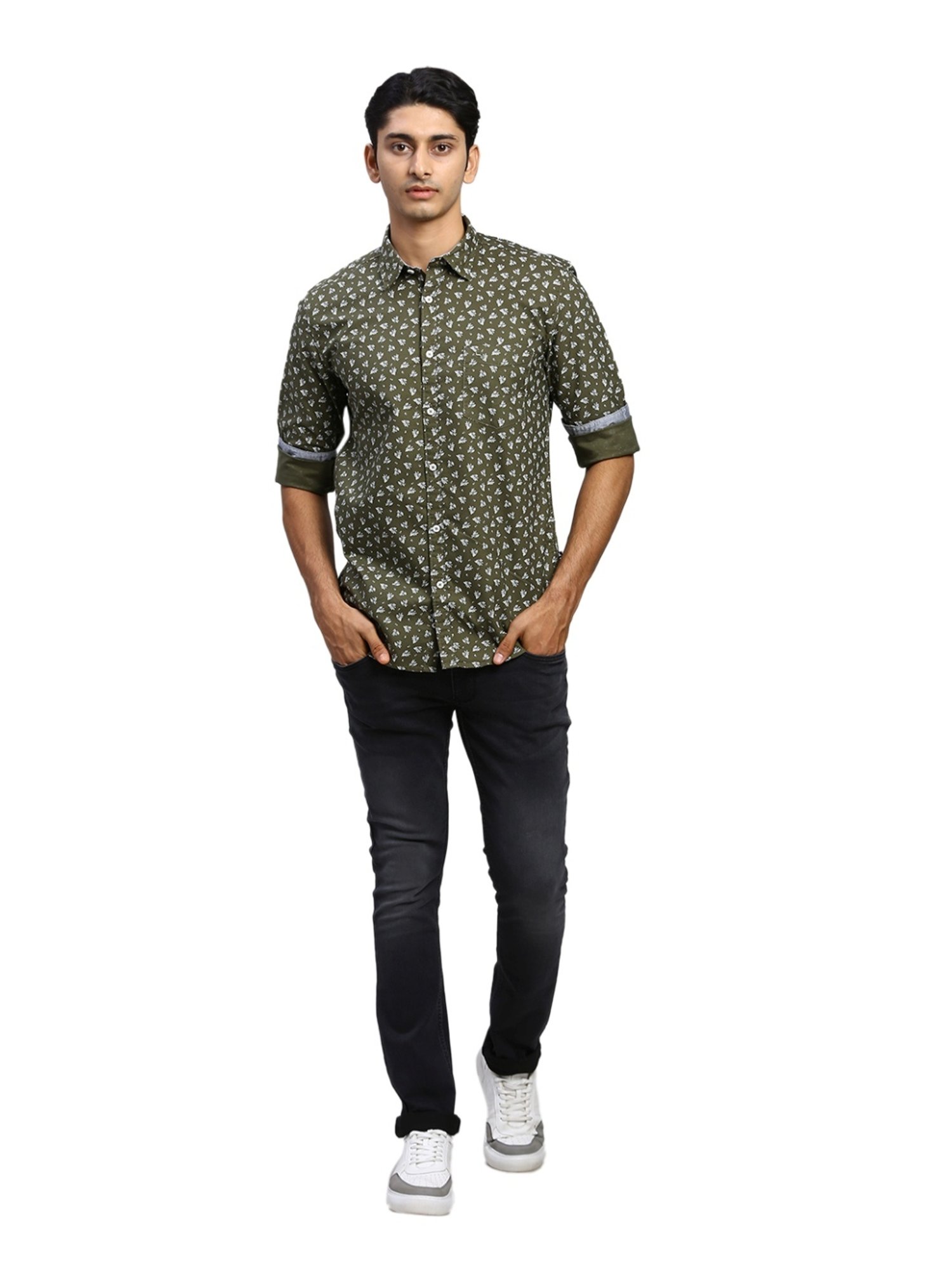 Parx Green Cotton Slim Fit Printed Shirt