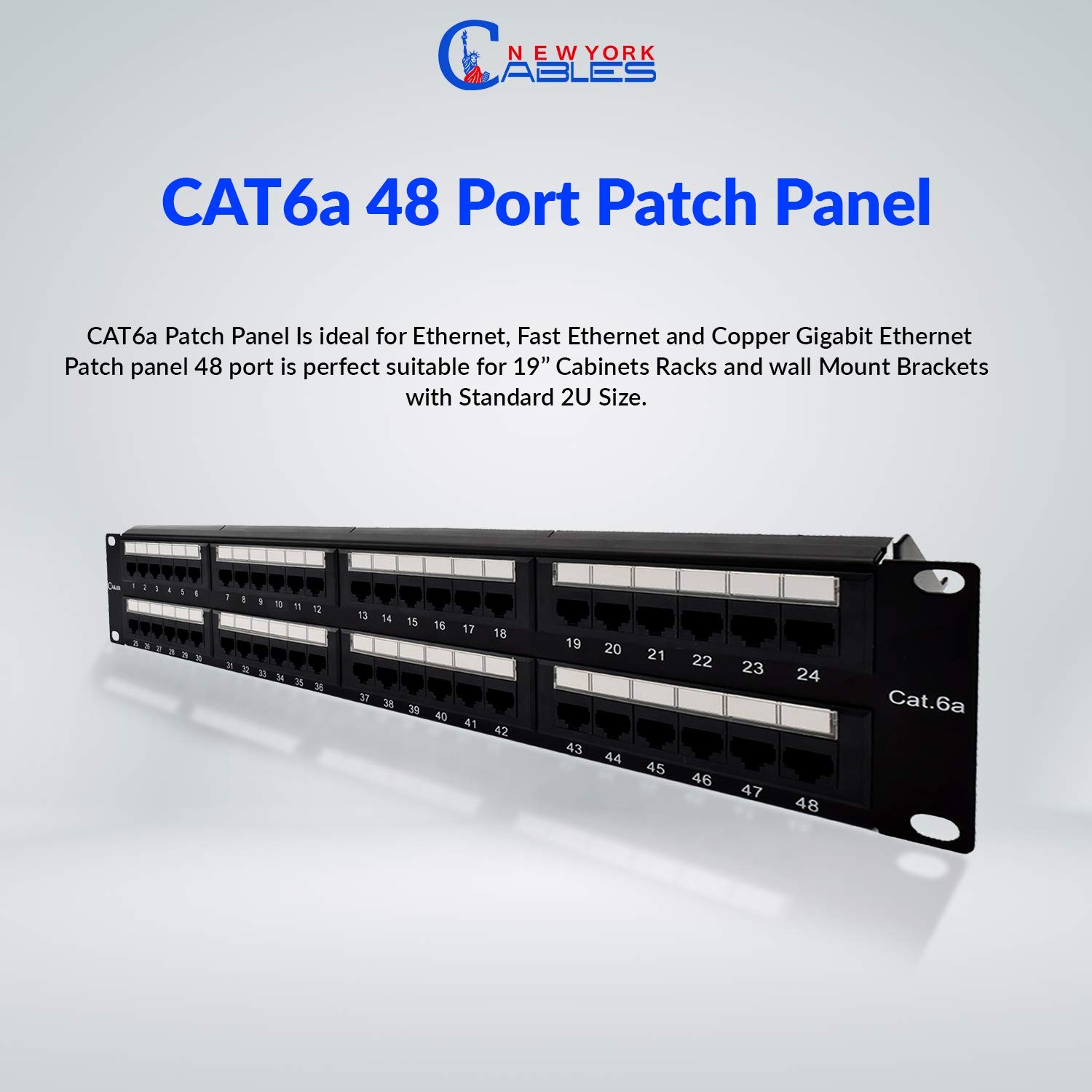 NewYork Cables Heavy-Duty Cat6A Patch Panel 48 Port Rackmount | RJ45 Punch Down Keystone Jacks Panel | Back Bar, Cable Ties, Screws |19 Inch ,2u | Horizontal
