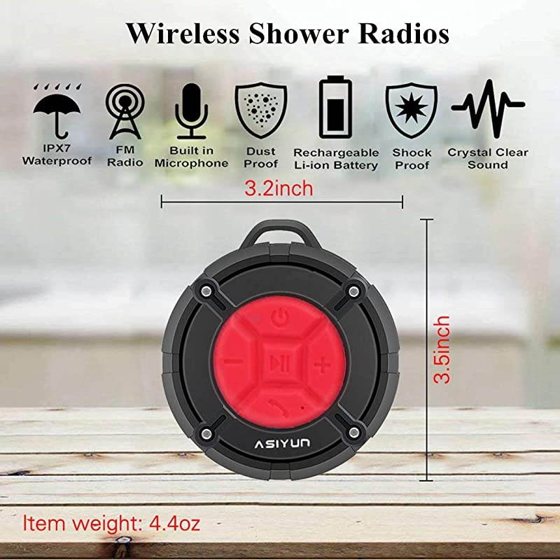 Shower Radios Waterproof Speaker with Louder HD Sound 4H Playtime Portable Wireless Speaker with Suction Cup Built in Mic for Bathroom Pool Beach Outdoor Red