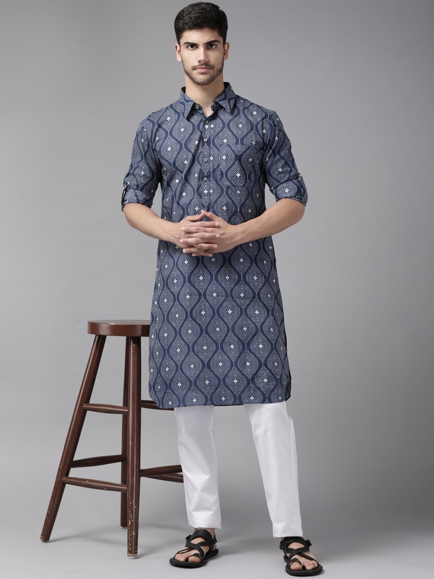 See Designs Indigo Blue & White Cotton Regular Fit Printed Kurta Bottom Set