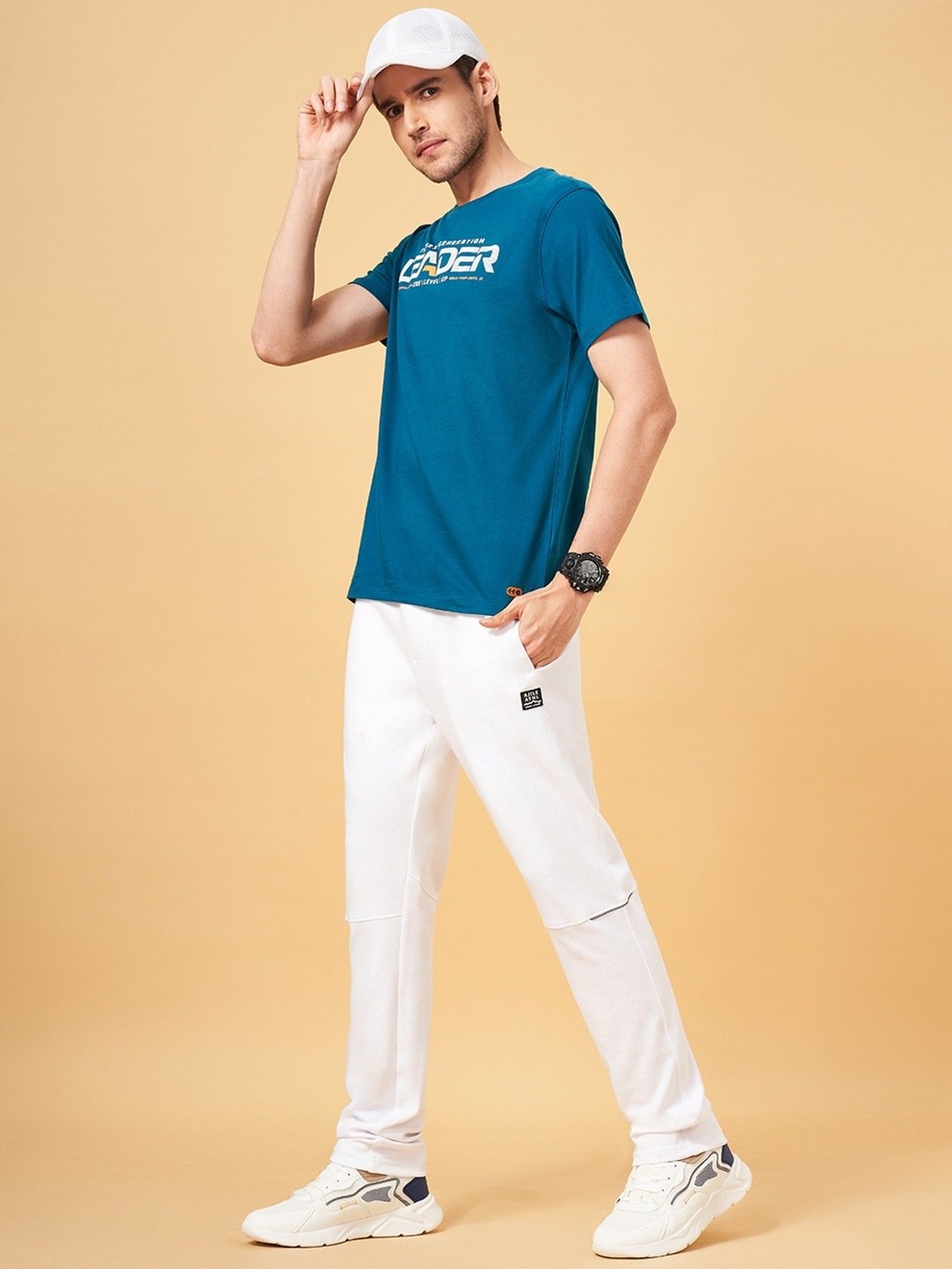 Ajile by Pantaloons Bottle Green Cotton Slim Fit Printed Sports T-Shirt