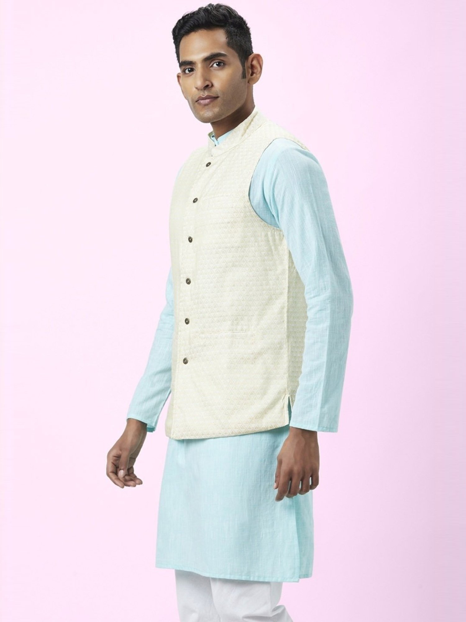 Indus Route By Pantaloons Off White Regular Fit Self Pattern Nehru Jacket