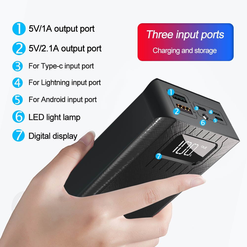 30000mAh DIY Power Bank Case LED Flash Light Fast Charging For iPhone XS 11Pro P40 Pro Mi10 S20+ Note 20 White